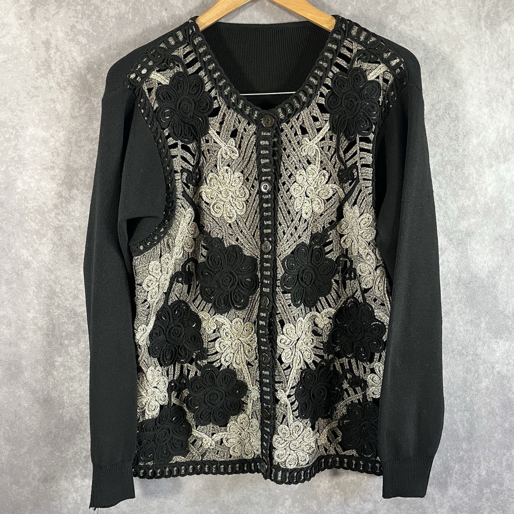 Cardigan Womens Medium Black & White Embroidered Crochet Floral *See Descrip*